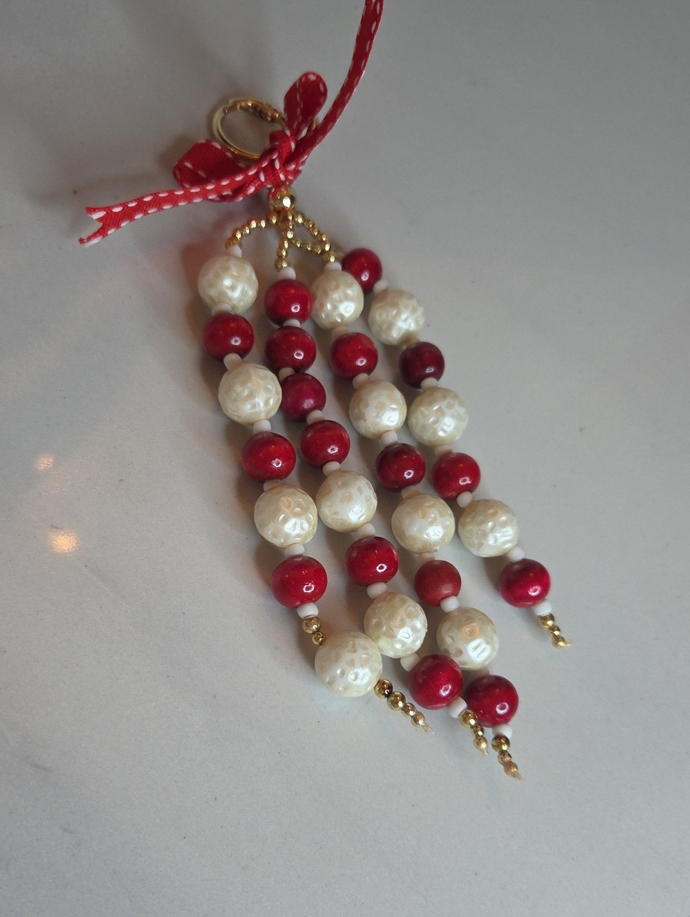 Red and Cream Beaded Stone Bag Charm